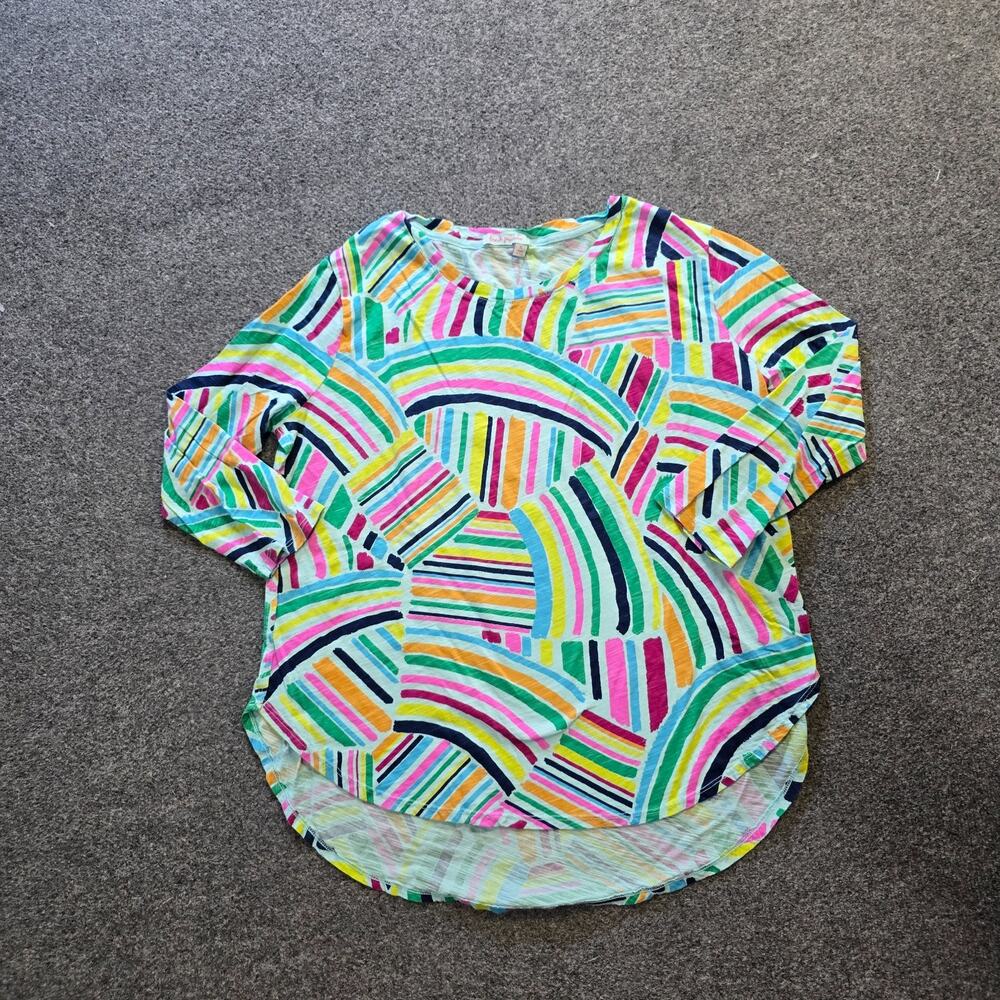 Fresh Produce Top Womens Size XL Blue Pink Rainbow Abstract 3/4 Sleeve Casual